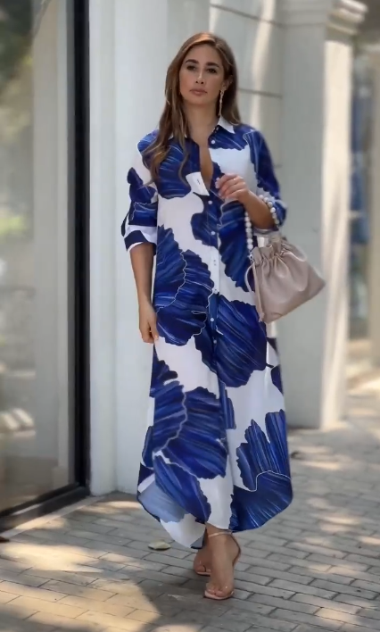 Button-down Printed Shirt Dress Blue & White By BlackBeads