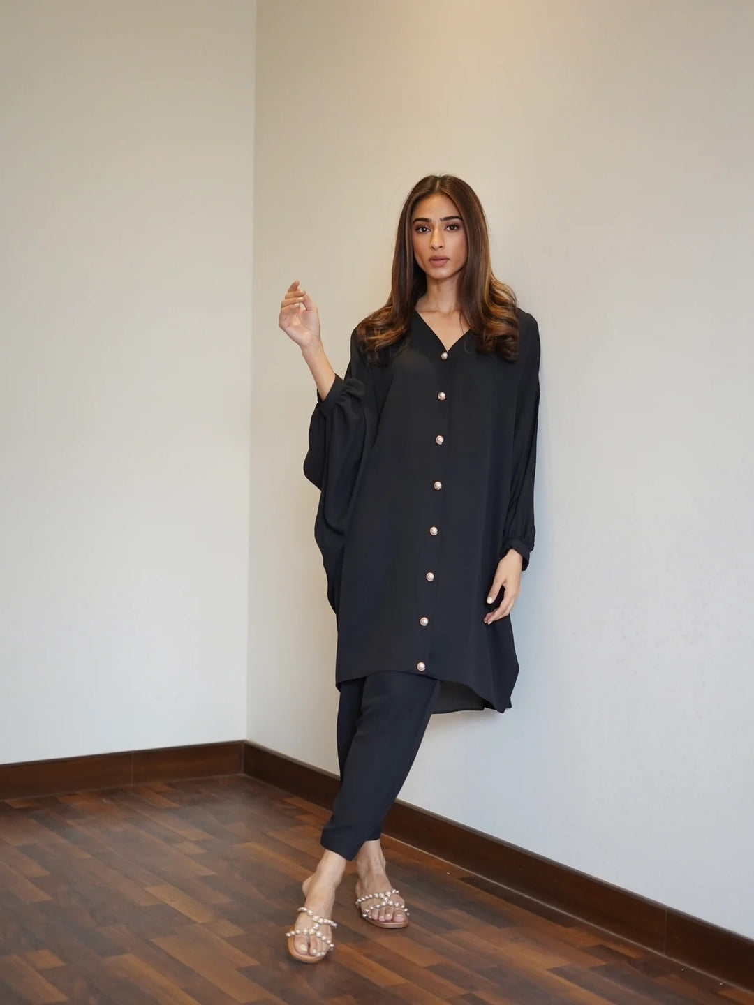 Women's Black Crepe Kaftan Sets - BlackBeads