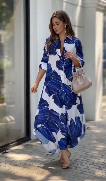 Button-down Printed Shirt Dress Blue & White By BlackBeads