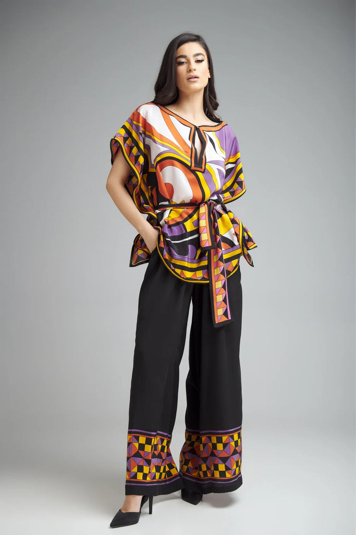 Women's Multi Color Silk Crepe Top & Belt French Moss Pant Co-Ord Sets - Blackbeads
