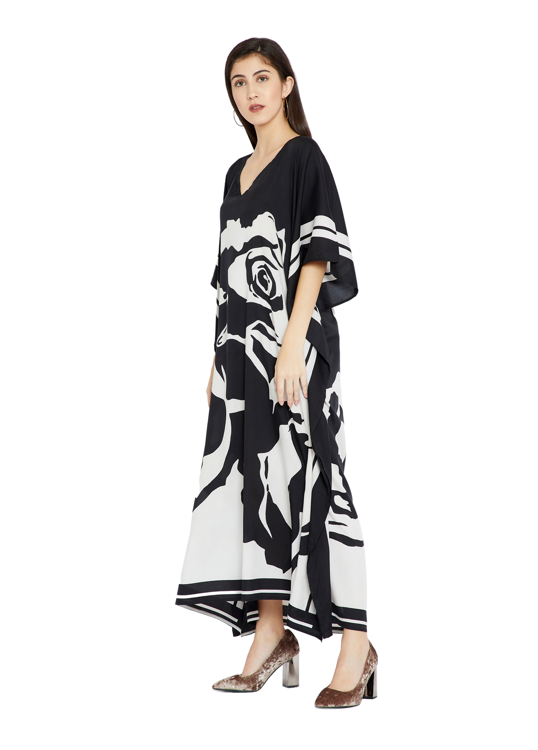 Women's Soft Silk Crepe Kaftans - Black beads