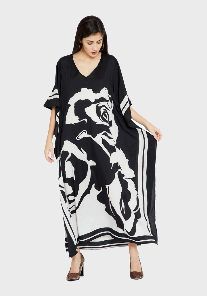 Women's Soft Silk Crepe Kaftans - Black beads