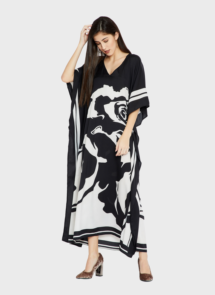 Women's Soft Silk Crepe Kaftans - Black beads