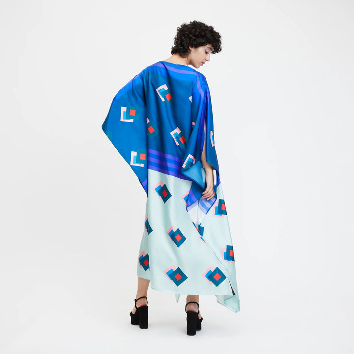 Blue block satin silk kaftan