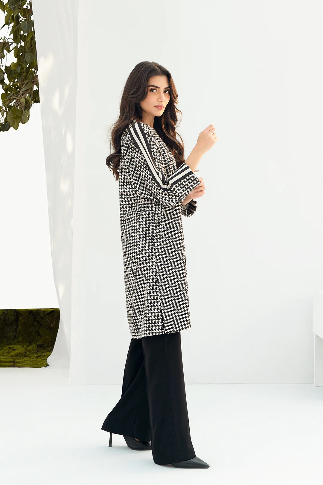 Three Stripes Black & White Rayon Kurti and Pant