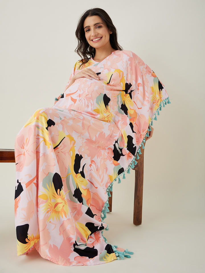 Women's Pink Abstract Floral Maternity Kaftan - The Kaftan Company