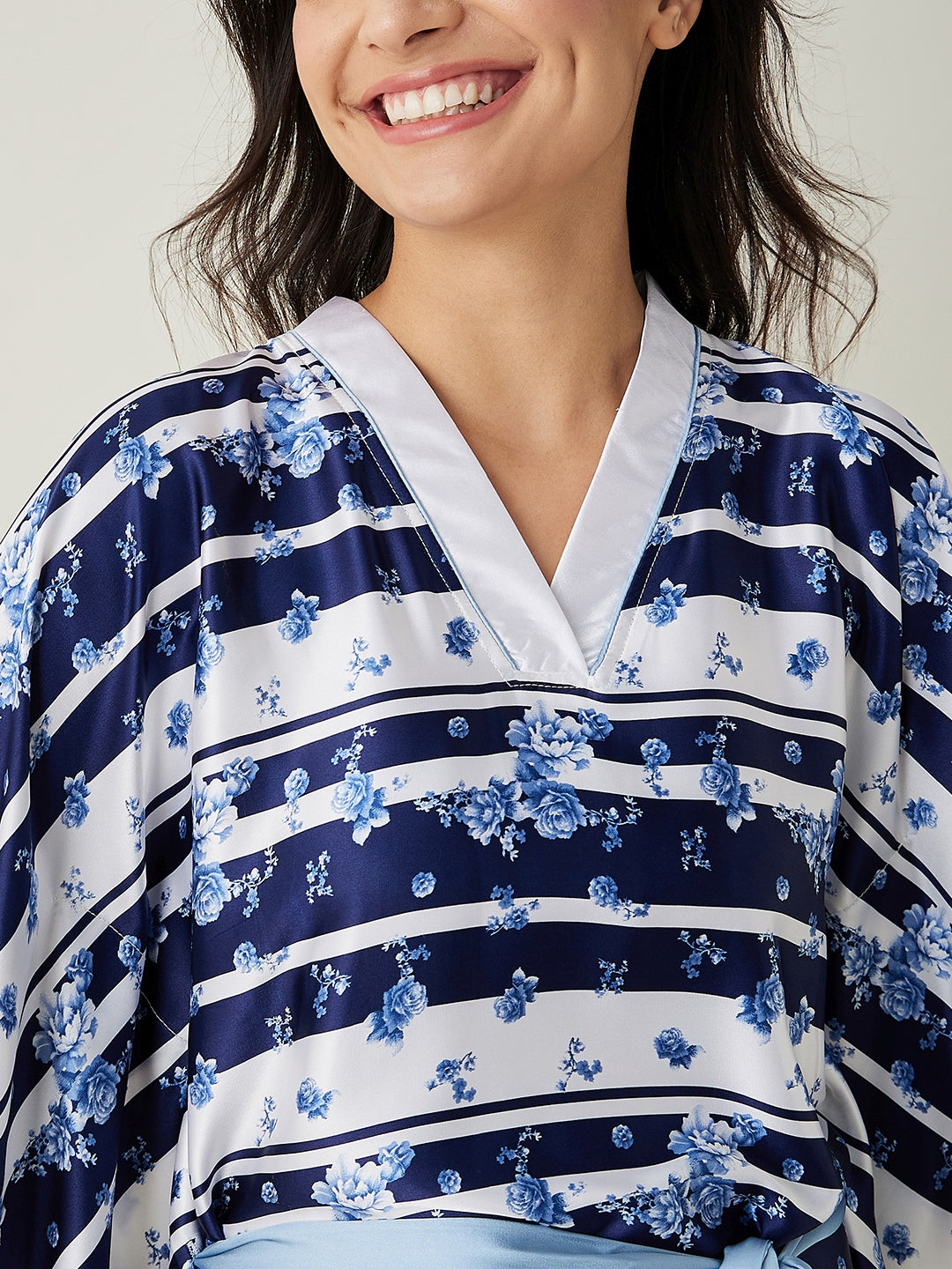 Women's White and Blue Ditsy Floral Loungewear Kaftan - The Kaftan Company