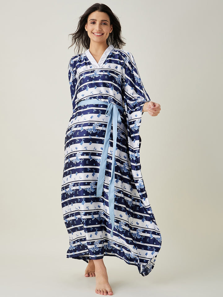 Women's White and Blue Ditsy Floral Loungewear Kaftan - The Kaftan Company