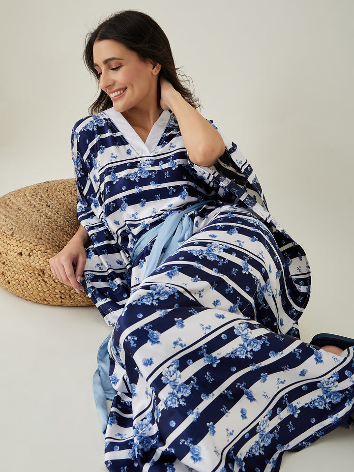 Women's White and Blue Ditsy Floral Loungewear Kaftan - The Kaftan Company