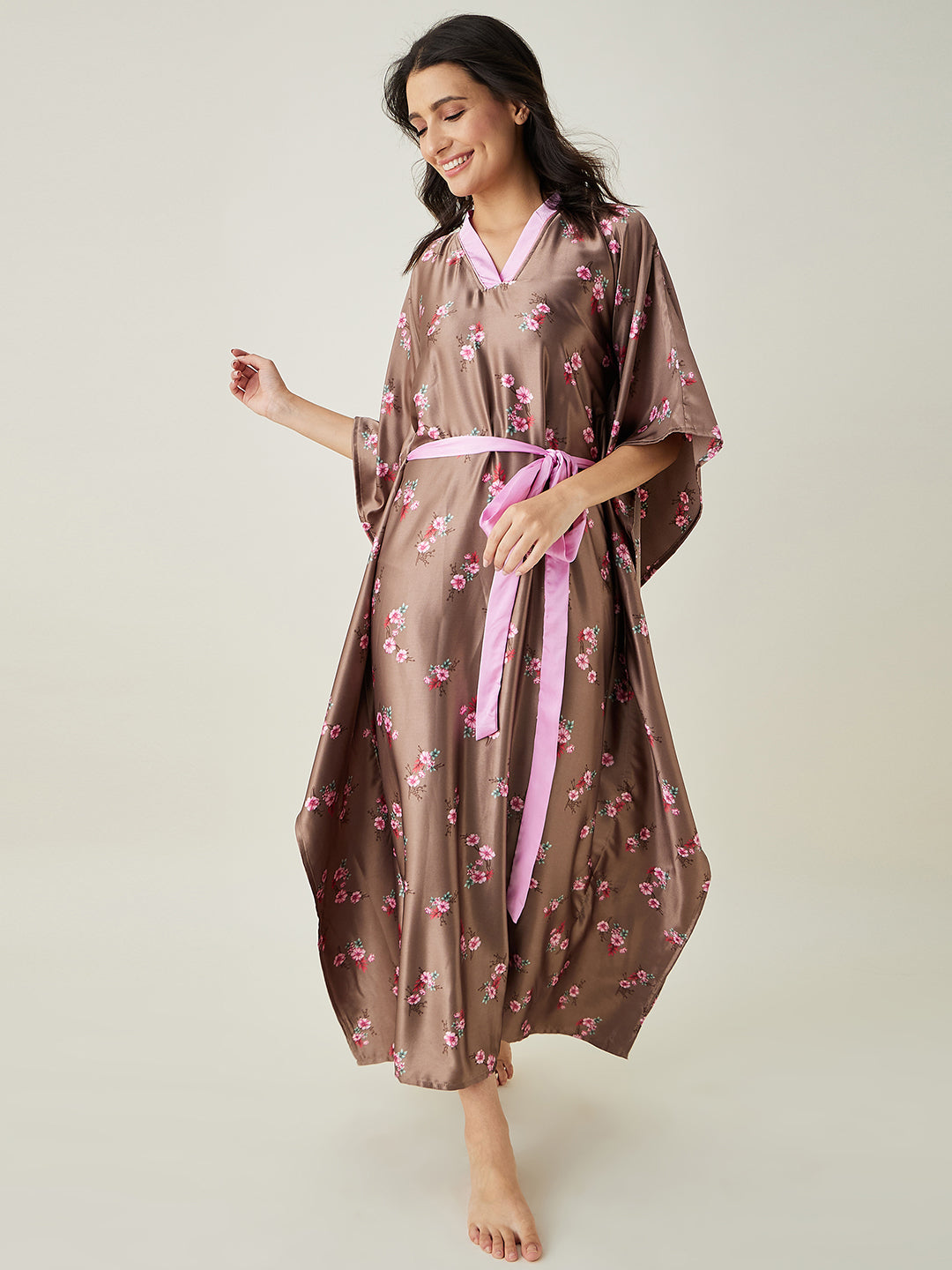 Women's Brown Floral Printed Loungewear Kaftan - The Kaftan Company