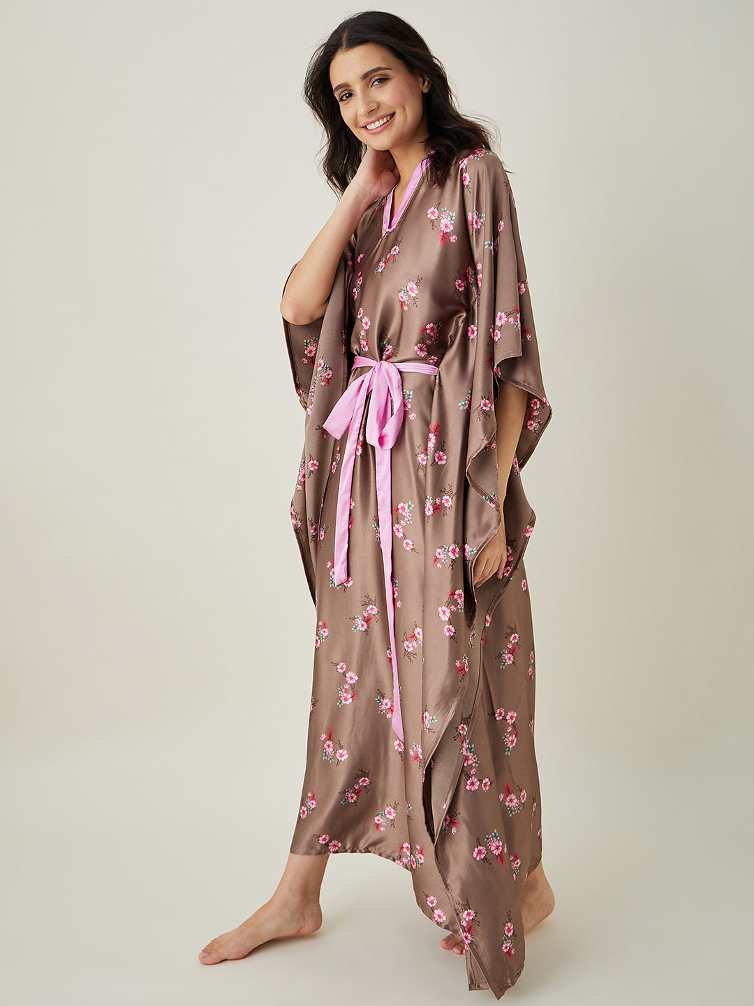 Women's Brown Floral Printed Loungewear Kaftan - The Kaftan Company