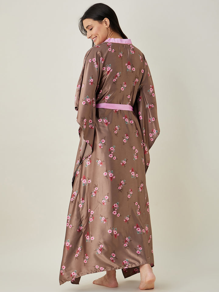 Women's Brown Floral Printed Loungewear Kaftan - The Kaftan Company