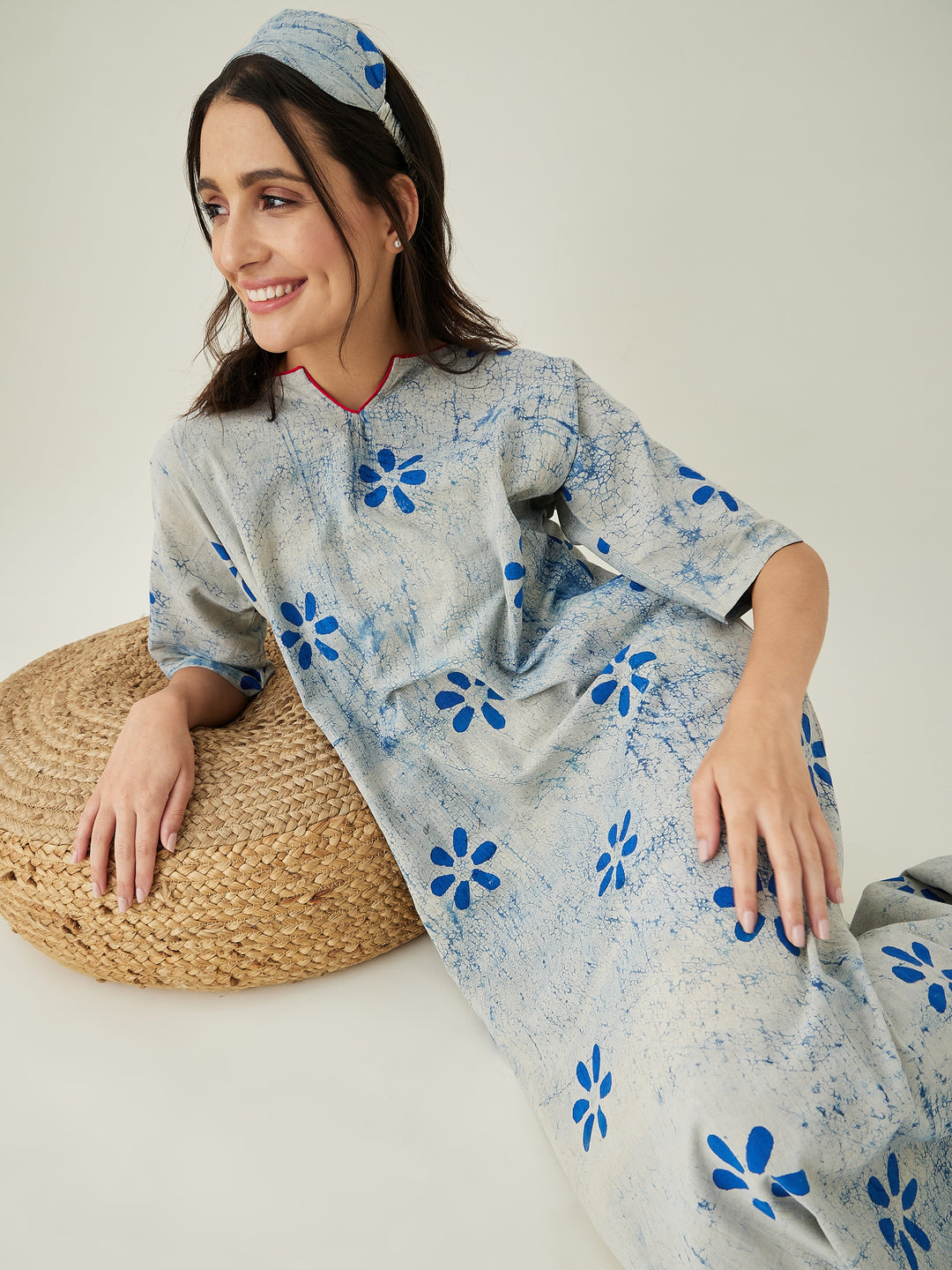 Women's Offwhite Indigo Printed Nightdress - The Kaftan Company