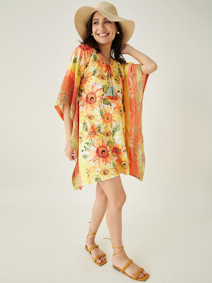 Women's Yellow Sunflowr Bliss Resorty Kaftan with Neck Tie up detailing - The Kaftan Company