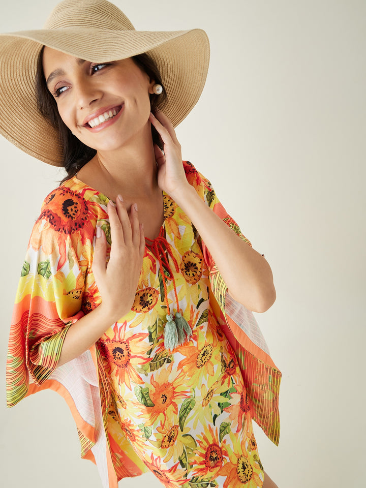 Women's Yellow Sunflowr Bliss Resorty Kaftan with Neck Tie up detailing - The Kaftan Company